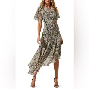 Astr High Low Dress with Floral Design in Black and Pink